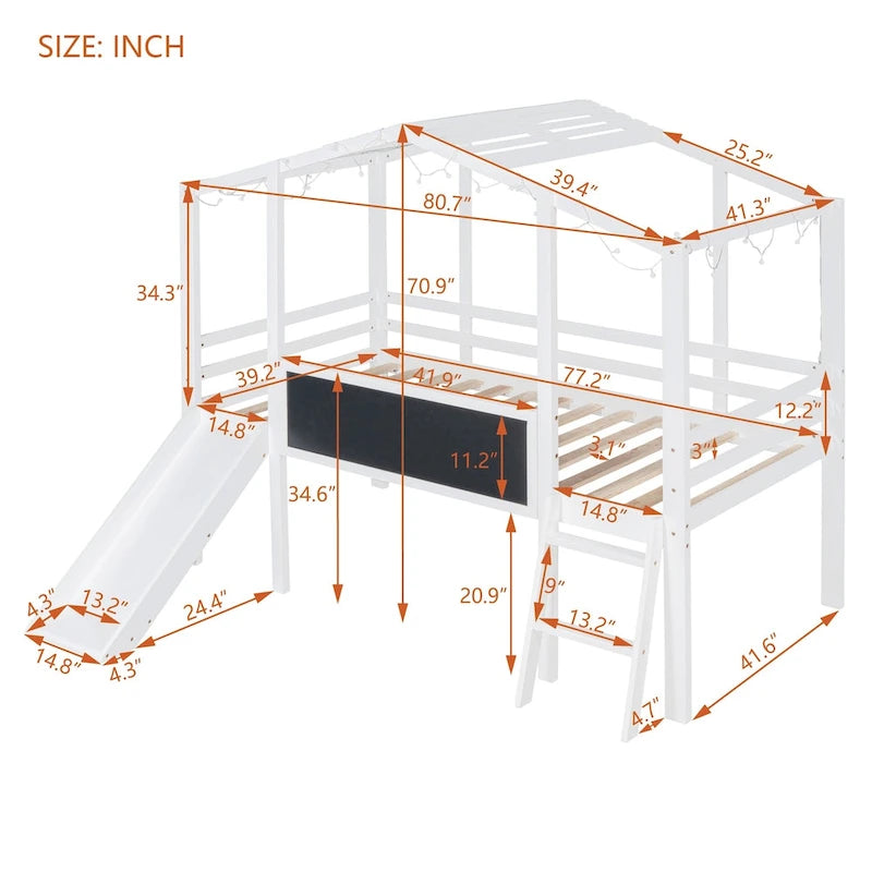 Lit mezzanine jumeau blanc avec toboggan et tableau noir, 1 enfant