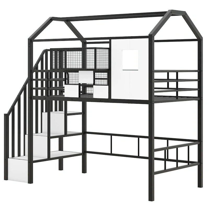 Lit mezzanine en métal rose et noir avec toit et rangement, jumeau, 1 personne
