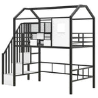 Lit mezzanine en métal rose et noir avec toit et rangement, jumeau, 1 personne