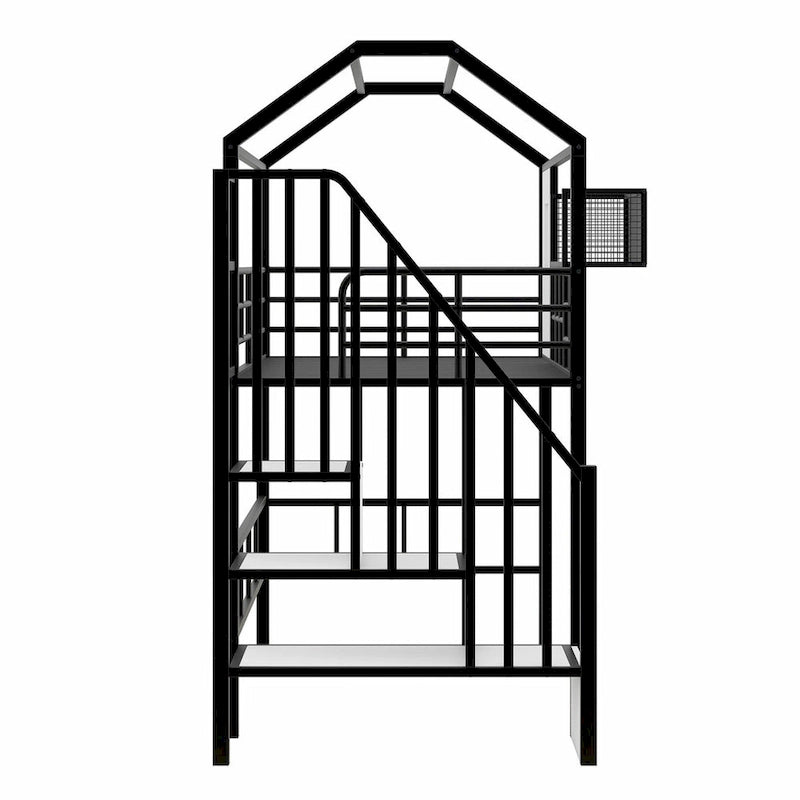 Lit mezzanine en métal rose et noir avec toit et rangement, jumeau, 1 personne