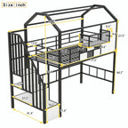 Lit mezzanine en métal rose et noir avec toit et rangement, jumeau, 1 personne