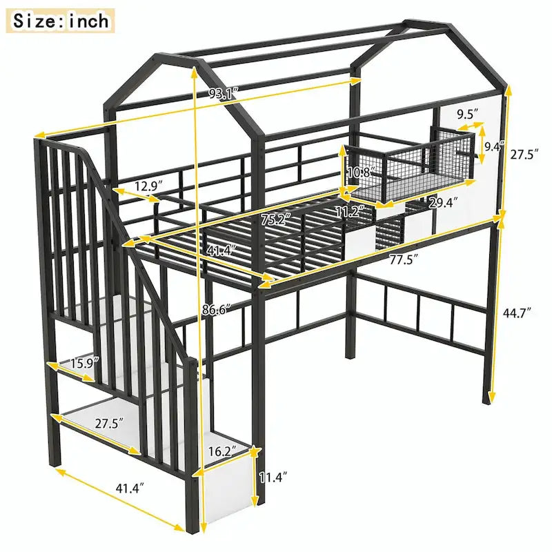 Lit mezzanine en métal rose et noir avec toit et rangement, jumeau, 1 personne
