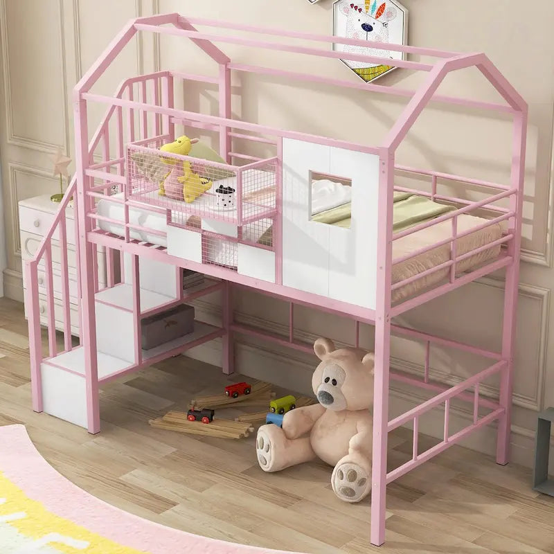 Lit mezzanine en métal rose et noir avec toit et rangement, jumeau, 1 personne