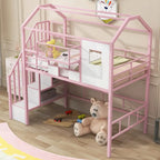 Lit mezzanine en métal rose et noir avec toit et rangement, jumeau, 1 personne