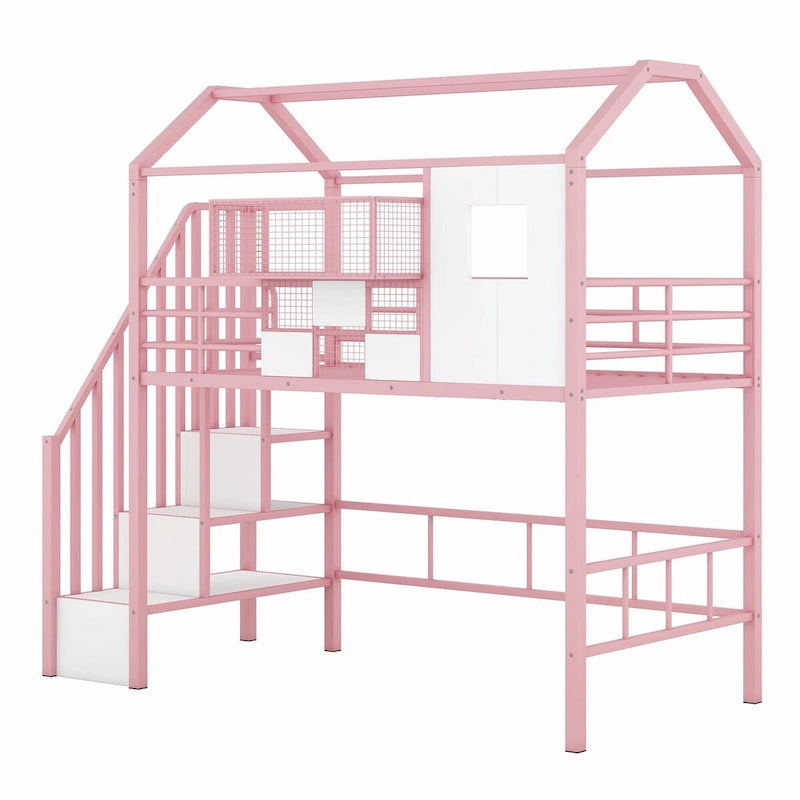 Lit mezzanine en métal rose et noir avec toit et rangement, jumeau, 1 personne