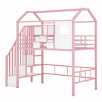 Lit mezzanine en métal rose et noir avec toit et rangement, jumeau, 1 personne