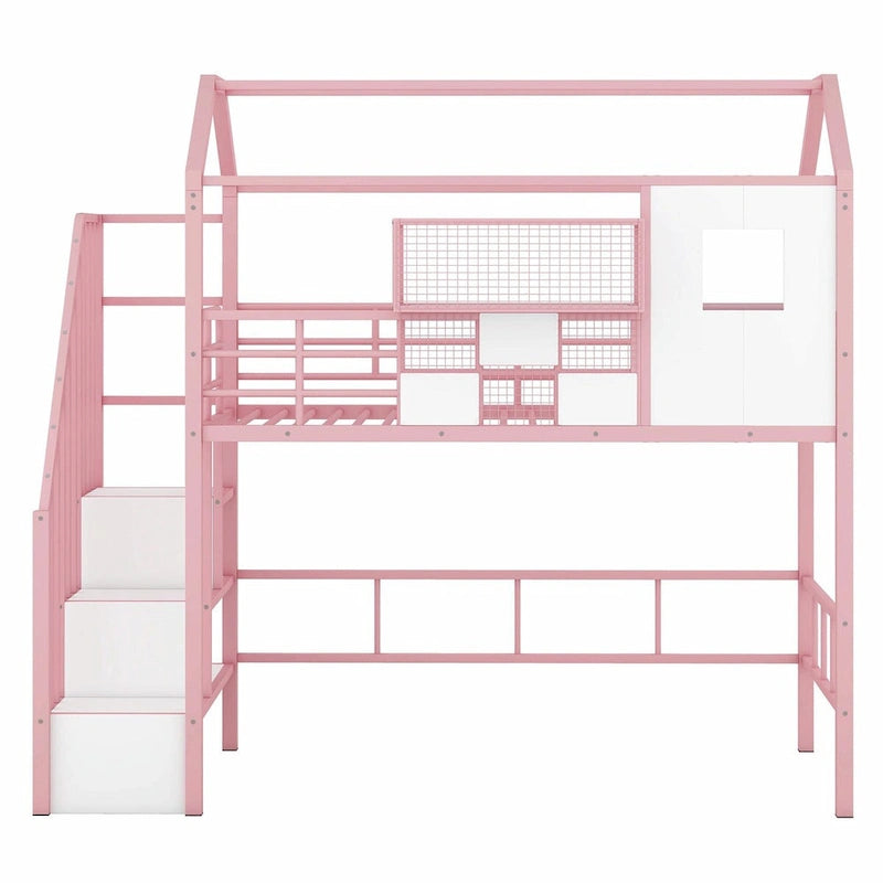 Lit mezzanine en métal rose et noir avec toit et rangement, jumeau, 1 personne