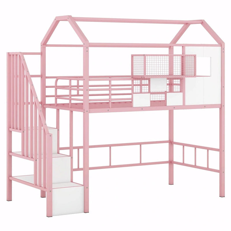 Lit mezzanine en métal rose et noir avec toit et rangement, jumeau, 1 personne