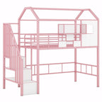 Lit mezzanine en métal rose et noir avec toit et rangement, jumeau, 1 personne