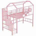 Lit mezzanine en métal rose et noir avec toit et rangement, jumeau, 1 personne