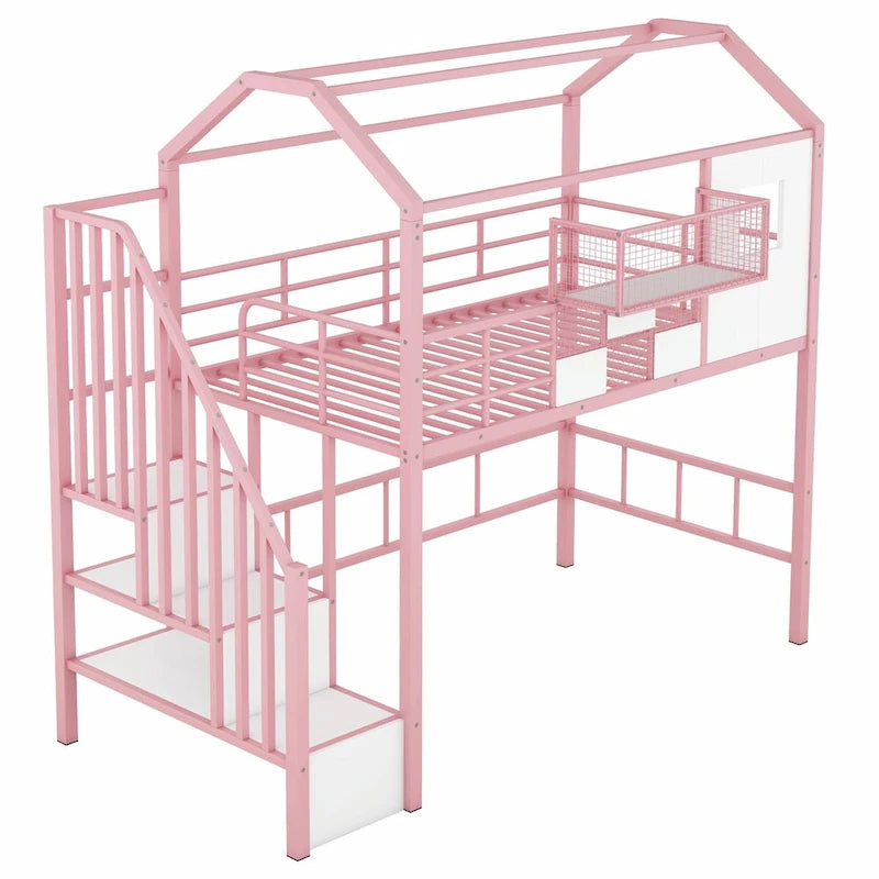 Lit mezzanine en métal rose et noir avec toit et rangement, jumeau, 1 personne