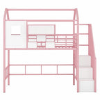 Lit mezzanine en métal rose et noir avec toit et rangement, jumeau, 1 personne