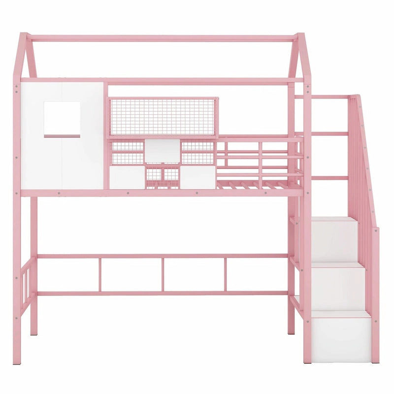 Lit mezzanine en métal rose et noir avec toit et rangement, jumeau, 1 personne