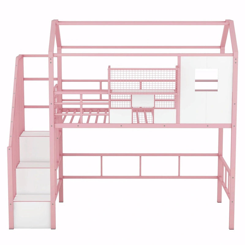 Lit mezzanine en métal rose et noir avec toit et rangement, jumeau, 1 personne