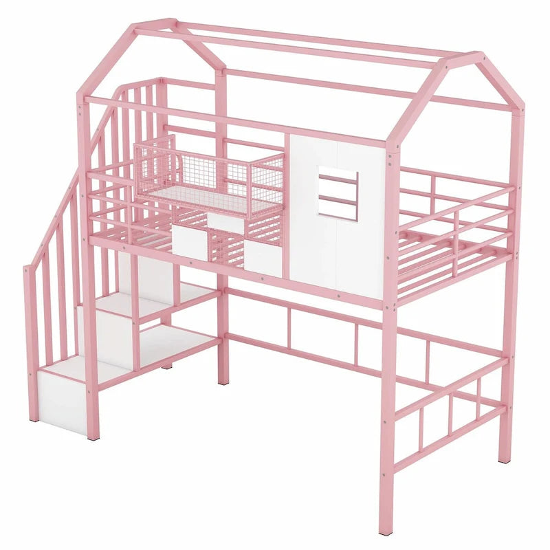 Lit mezzanine en métal rose et noir avec toit et rangement, jumeau, 1 personne