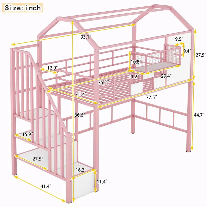 Lit mezzanine en métal rose et noir avec toit et rangement, jumeau, 1 personne