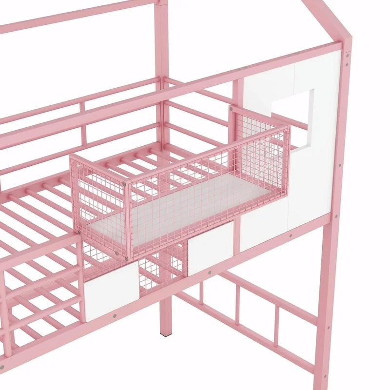 Lit mezzanine en métal rose et noir avec toit et rangement, jumeau, 1 personne