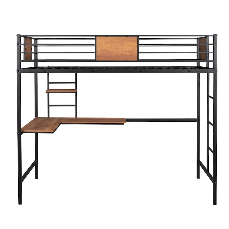 Lit mezzanine double en métal blanc/noir avec bureau et étagère, pour 1 personne