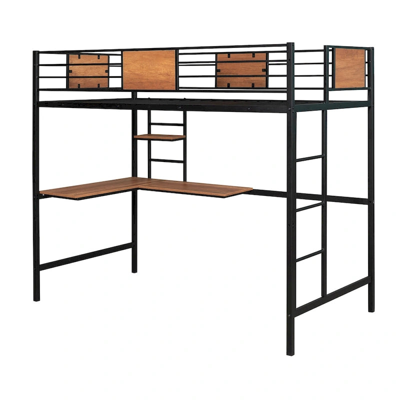 Lit mezzanine double en métal blanc/noir avec bureau et étagère, pour 1 personne