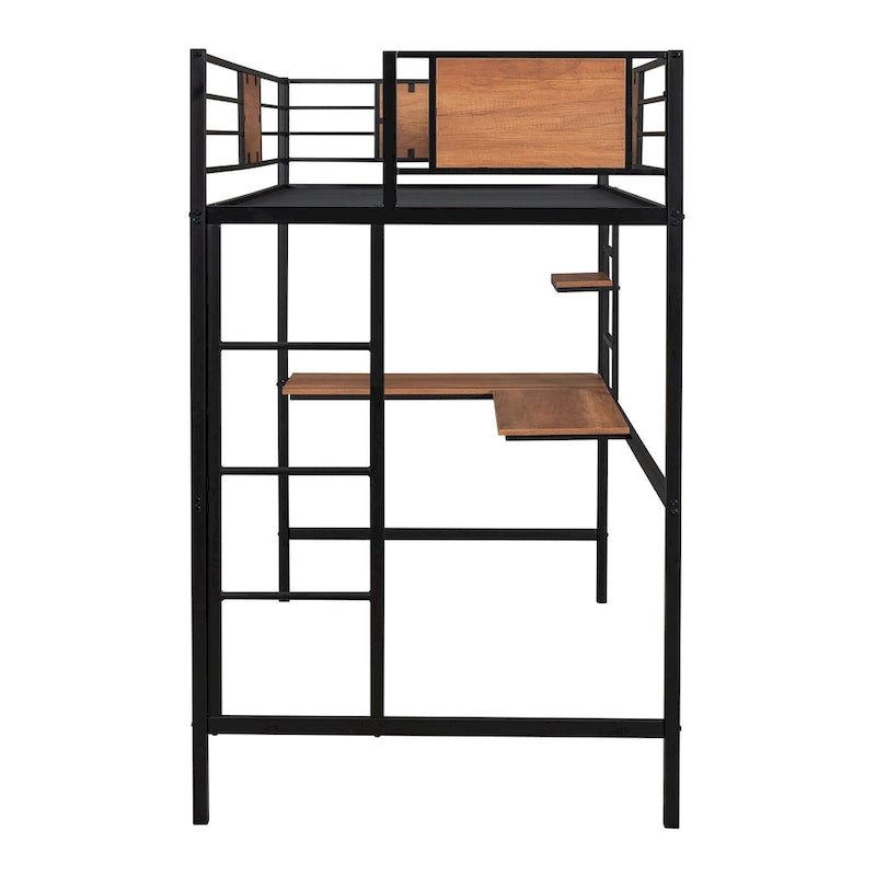 Lit mezzanine double en métal blanc/noir avec bureau et étagère, pour 1 personne