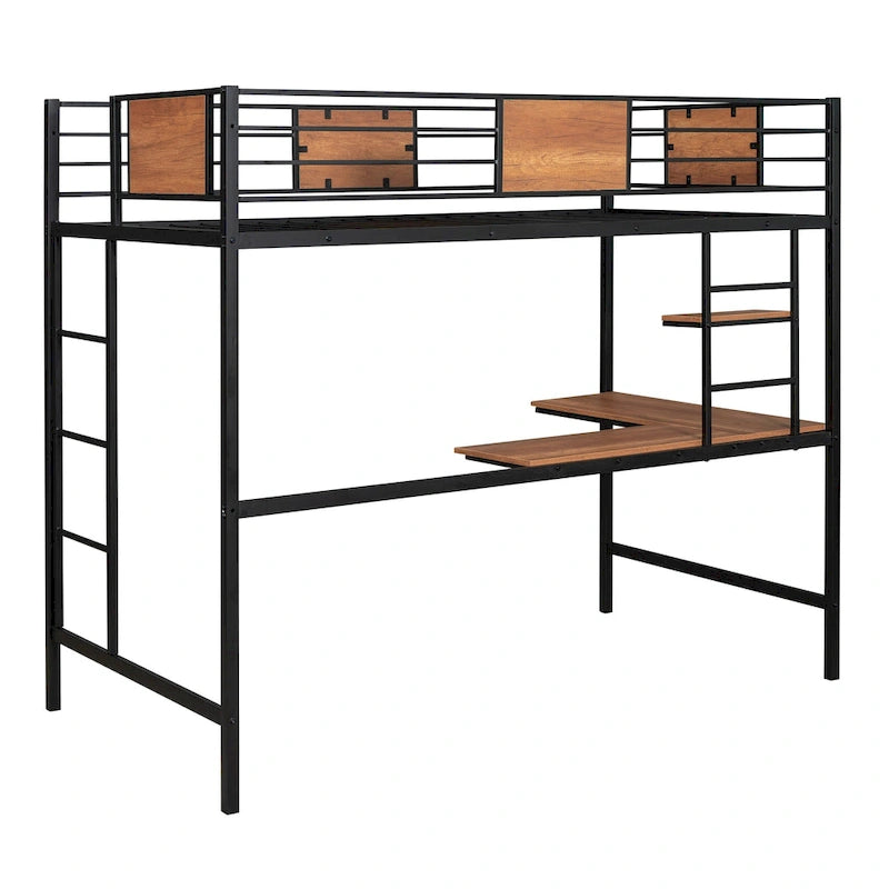 Lit mezzanine double en métal blanc/noir avec bureau et étagère, pour 1 personne