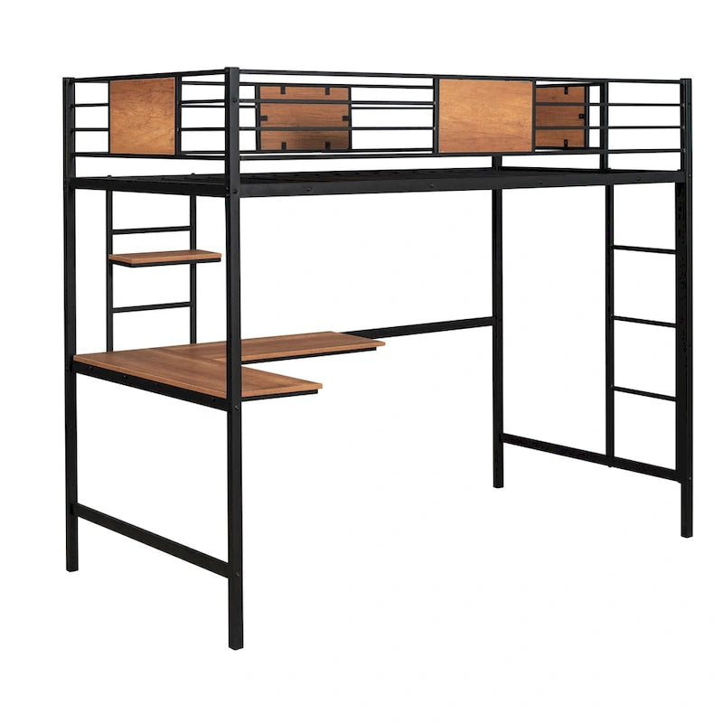Lit mezzanine double en métal blanc/noir avec bureau et étagère, pour 1 personne