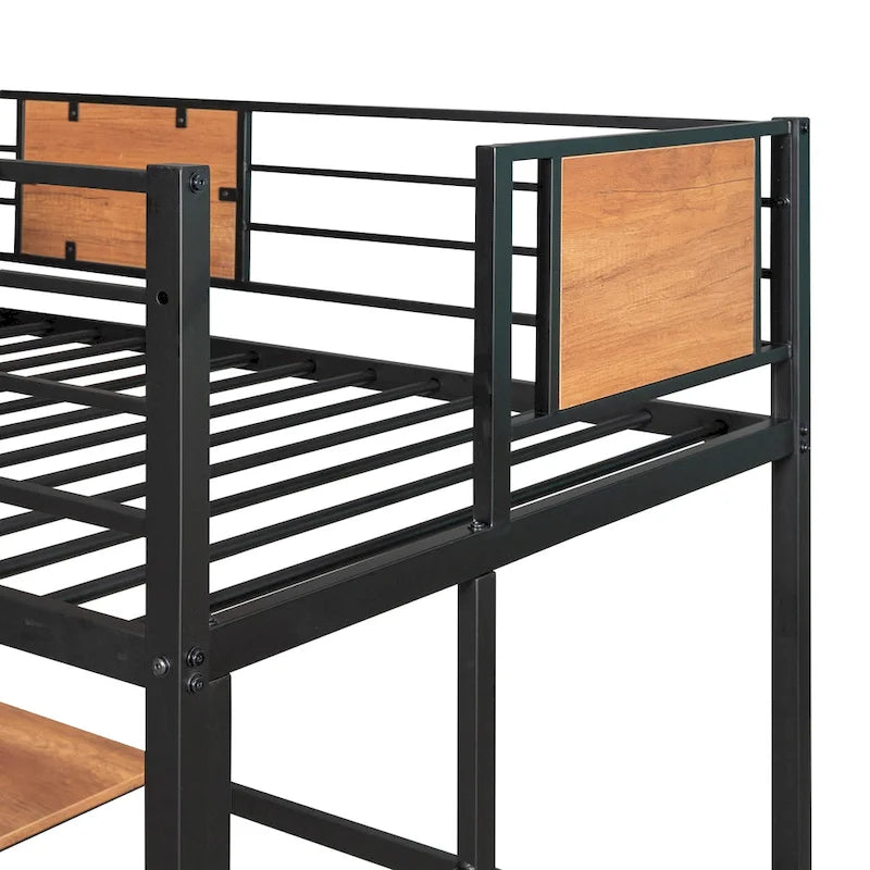 Lit mezzanine double en métal blanc/noir avec bureau et étagère, pour 1 personne