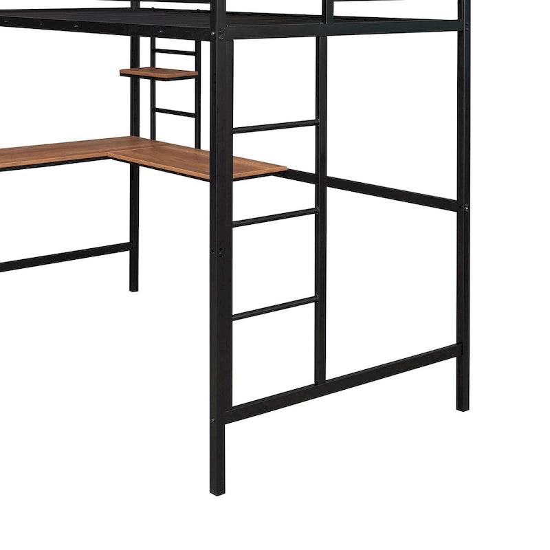Lit mezzanine double en métal blanc/noir avec bureau et étagère, pour 1 personne