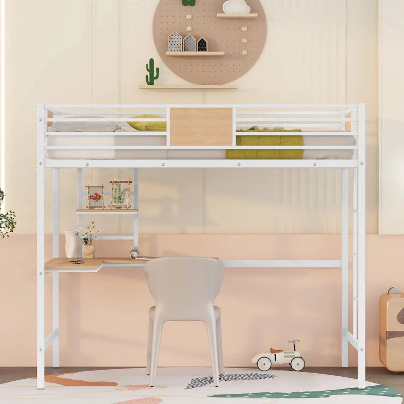 Lit mezzanine double en métal blanc/noir avec bureau et étagère, pour 1 personne