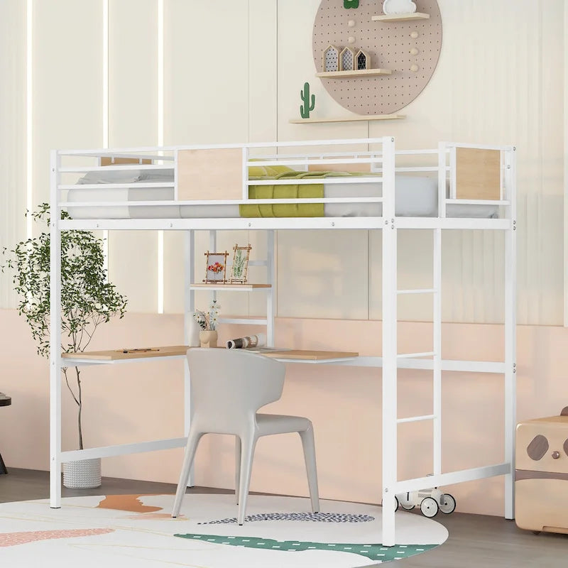 Lit mezzanine double en métal blanc/noir avec bureau et étagère, pour 1 personne