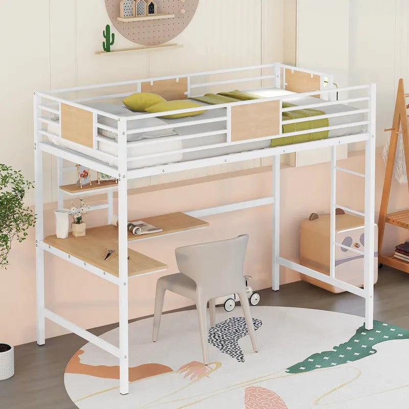 Lit mezzanine double en métal blanc/noir avec bureau et étagère, pour 1 personne