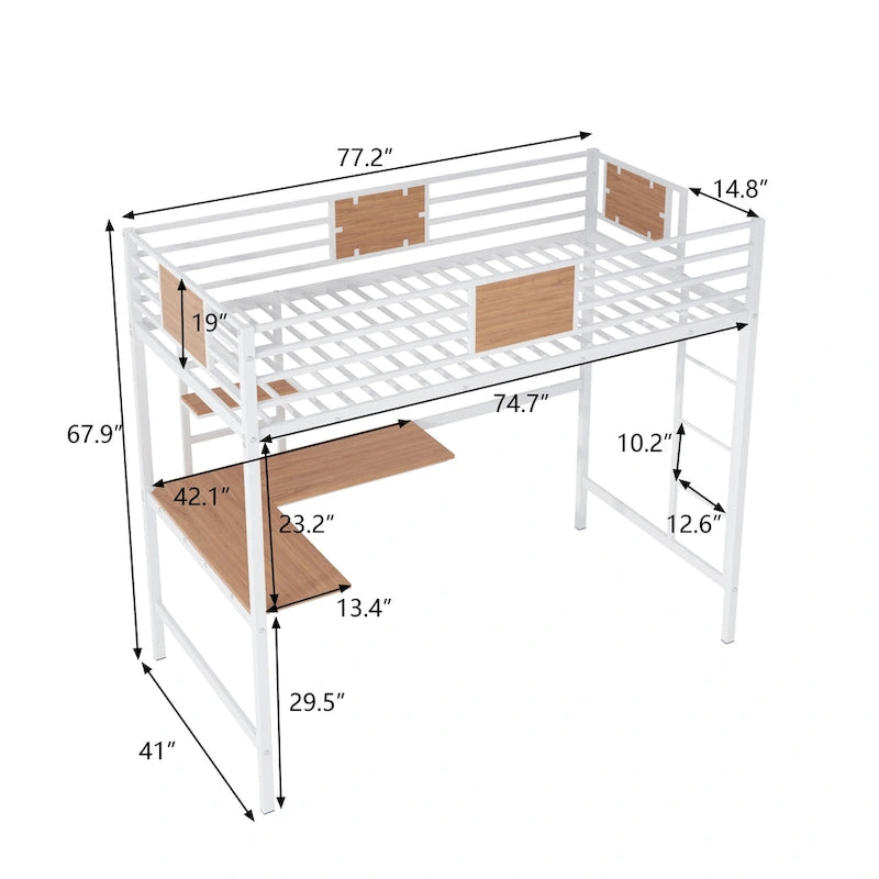 Lit mezzanine double en métal blanc/noir avec bureau et étagère, pour 1 personne