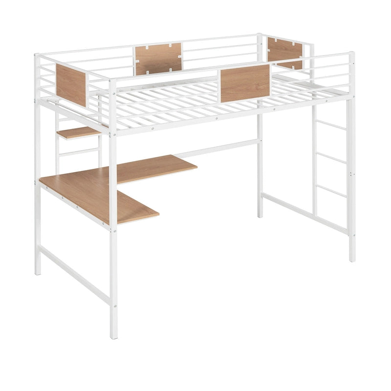 Lit mezzanine double en métal blanc/noir avec bureau et étagère, pour 1 personne