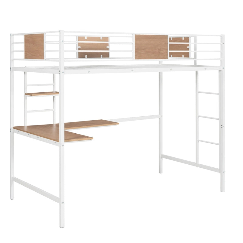 Lit mezzanine double en métal blanc/noir avec bureau et étagère, pour 1 personne