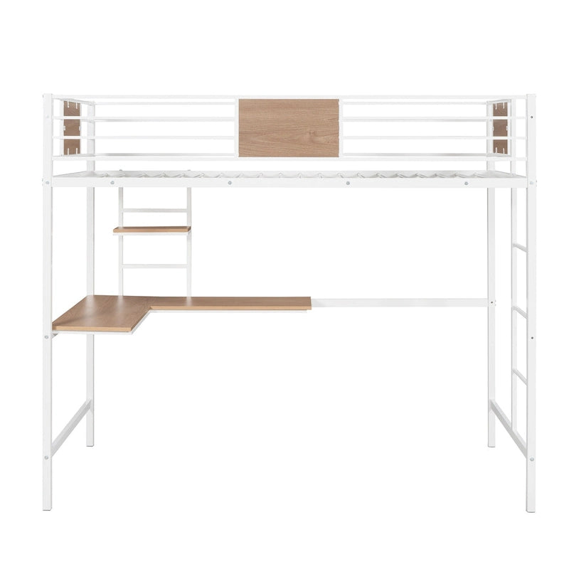 Lit mezzanine double en métal blanc/noir avec bureau et étagère, pour 1 personne