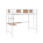 Lit mezzanine double en métal blanc/noir avec bureau et étagère, pour 1 personne