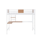 Lit mezzanine double en métal blanc/noir avec bureau et étagère, pour 1 personne