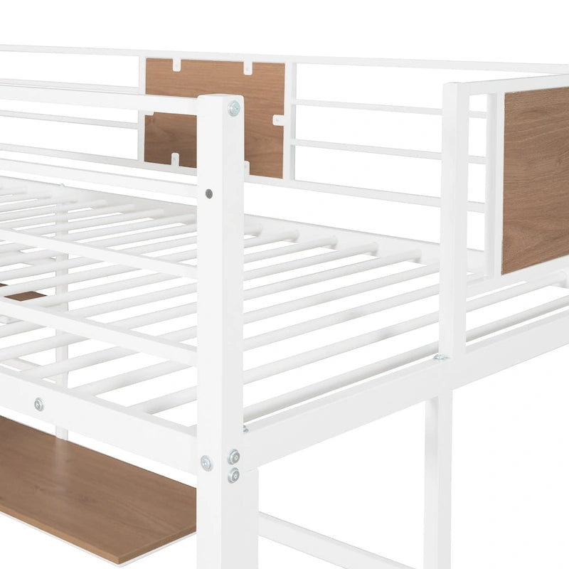 Lit mezzanine double en métal blanc/noir avec bureau et étagère, pour 1 personne