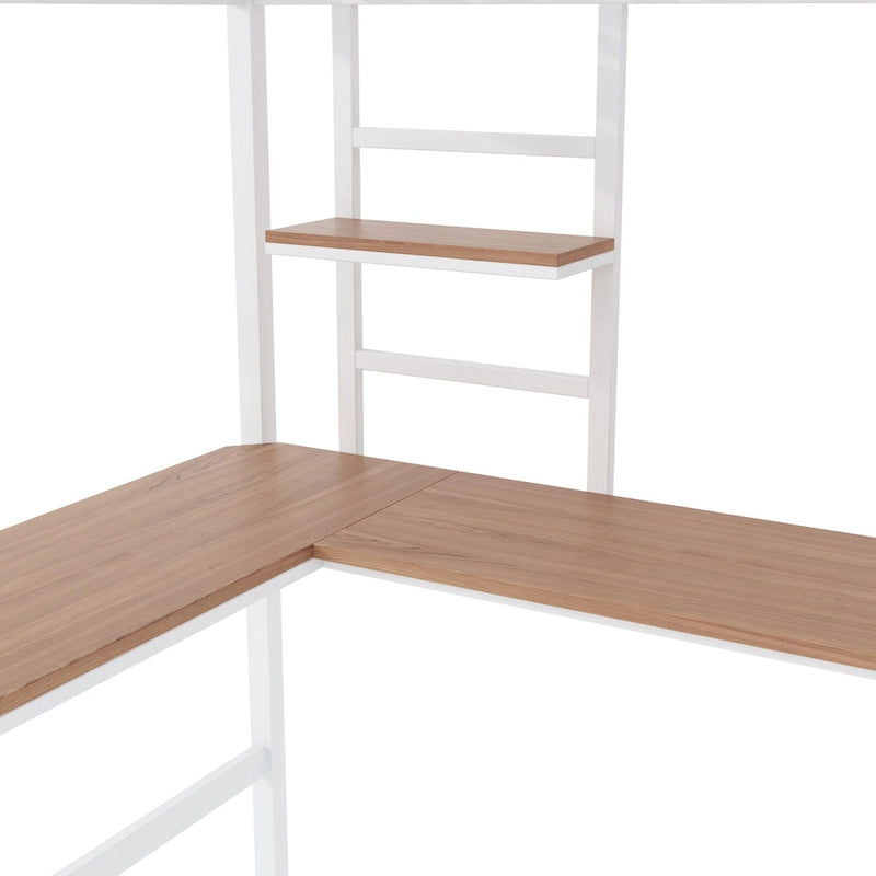 Lit mezzanine double en métal blanc/noir avec bureau et étagère, pour 1 personne