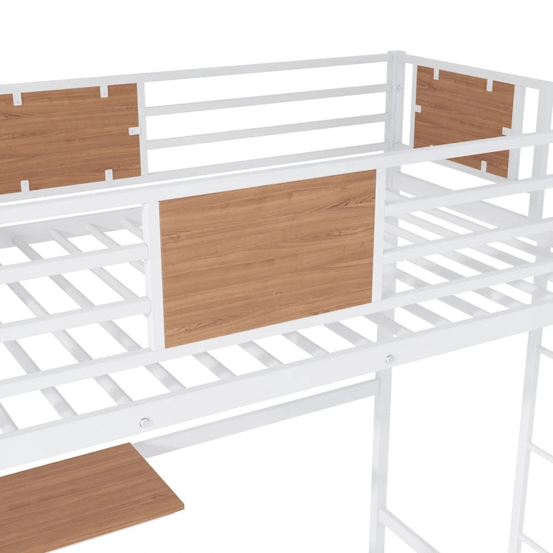 Lit mezzanine double en métal blanc/noir avec bureau et étagère, pour 1 personne
