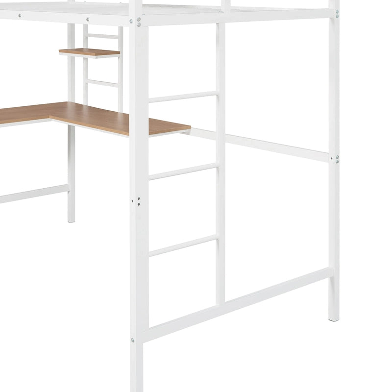 Lit mezzanine double en métal blanc/noir avec bureau et étagère, pour 1 personne
