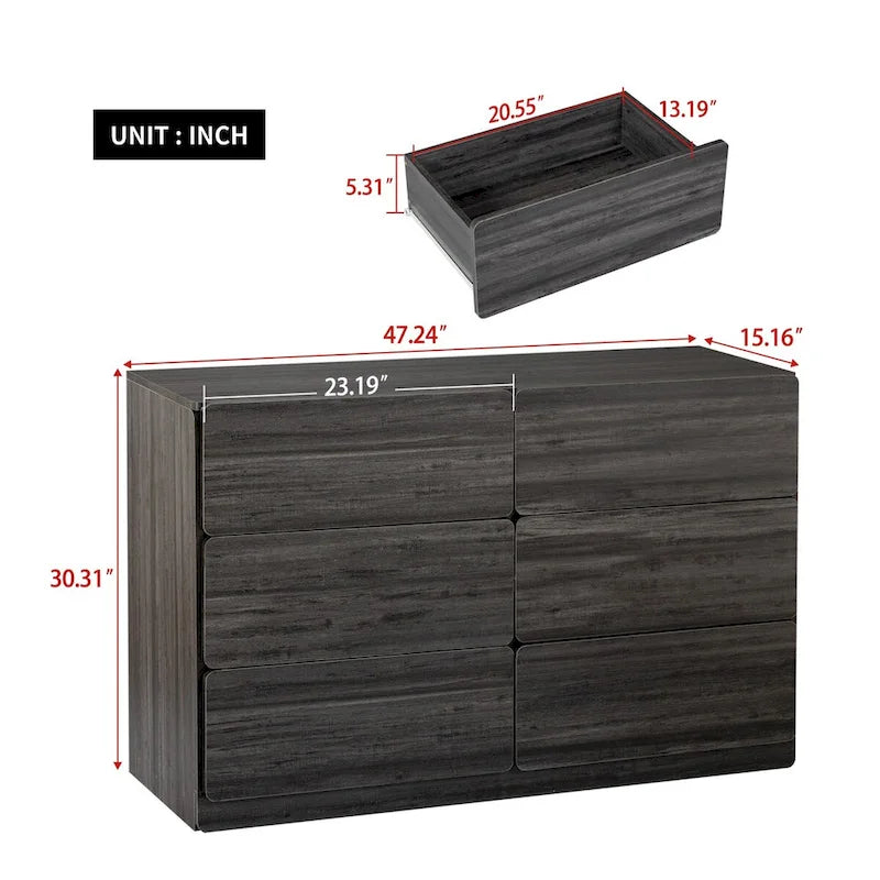 Buffet bahut gris 6 tiroirs, assemblage 1-2 personnes