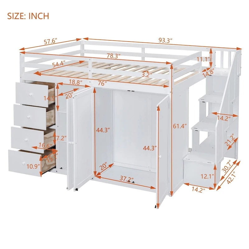 Lit mezzanine en bois gris/blanc avec armoire, tiroirs et escalier, pour 1 personne