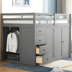 Lit mezzanine en bois gris/blanc avec armoire, tiroirs et escalier, pour 1 personne