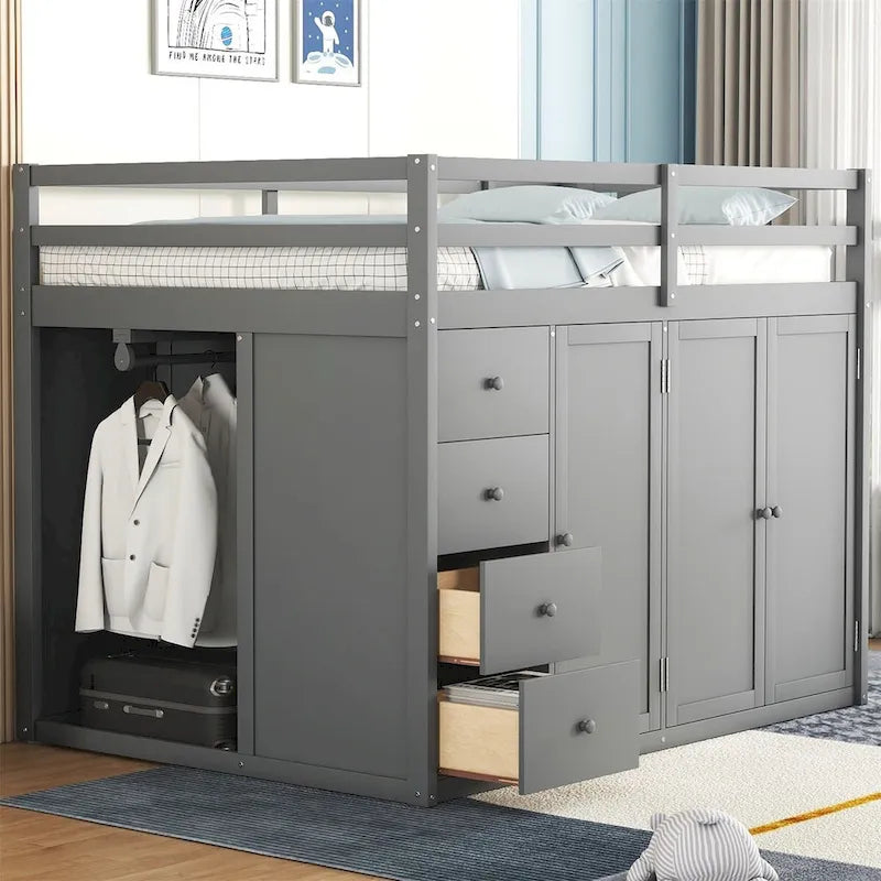 Lit mezzanine en bois gris/blanc avec armoire, tiroirs et escalier, pour 1 personne