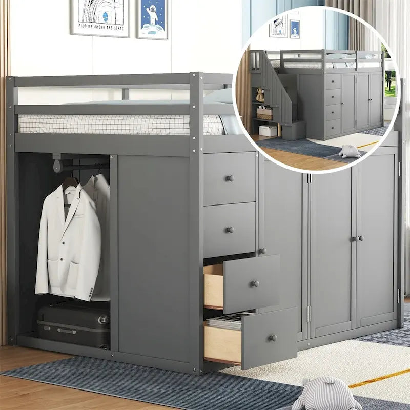 Lit mezzanine en bois gris/blanc avec armoire, tiroirs et escalier, pour 1 personne