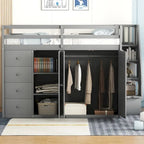 Lit mezzanine en bois gris/blanc avec armoire, tiroirs et escalier, pour 1 personne