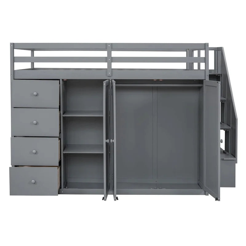 Lit mezzanine en bois gris/blanc avec armoire, tiroirs et escalier, pour 1 personne