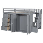 Lit mezzanine en bois gris/blanc avec armoire, tiroirs et escalier, pour 1 personne