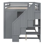 Lit mezzanine en bois gris/blanc avec armoire, tiroirs et escalier, pour 1 personne